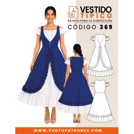 Patrón de vestido de huasa con faldón PDF