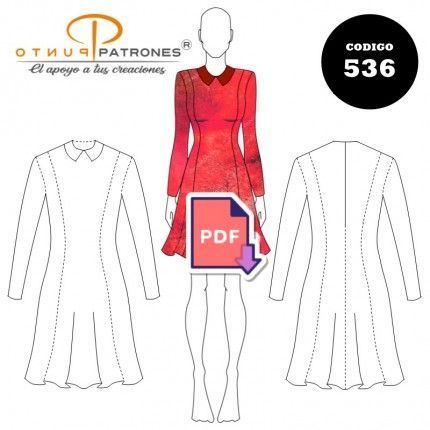 Patrón de vestido evasé con cortes y cuello PDF